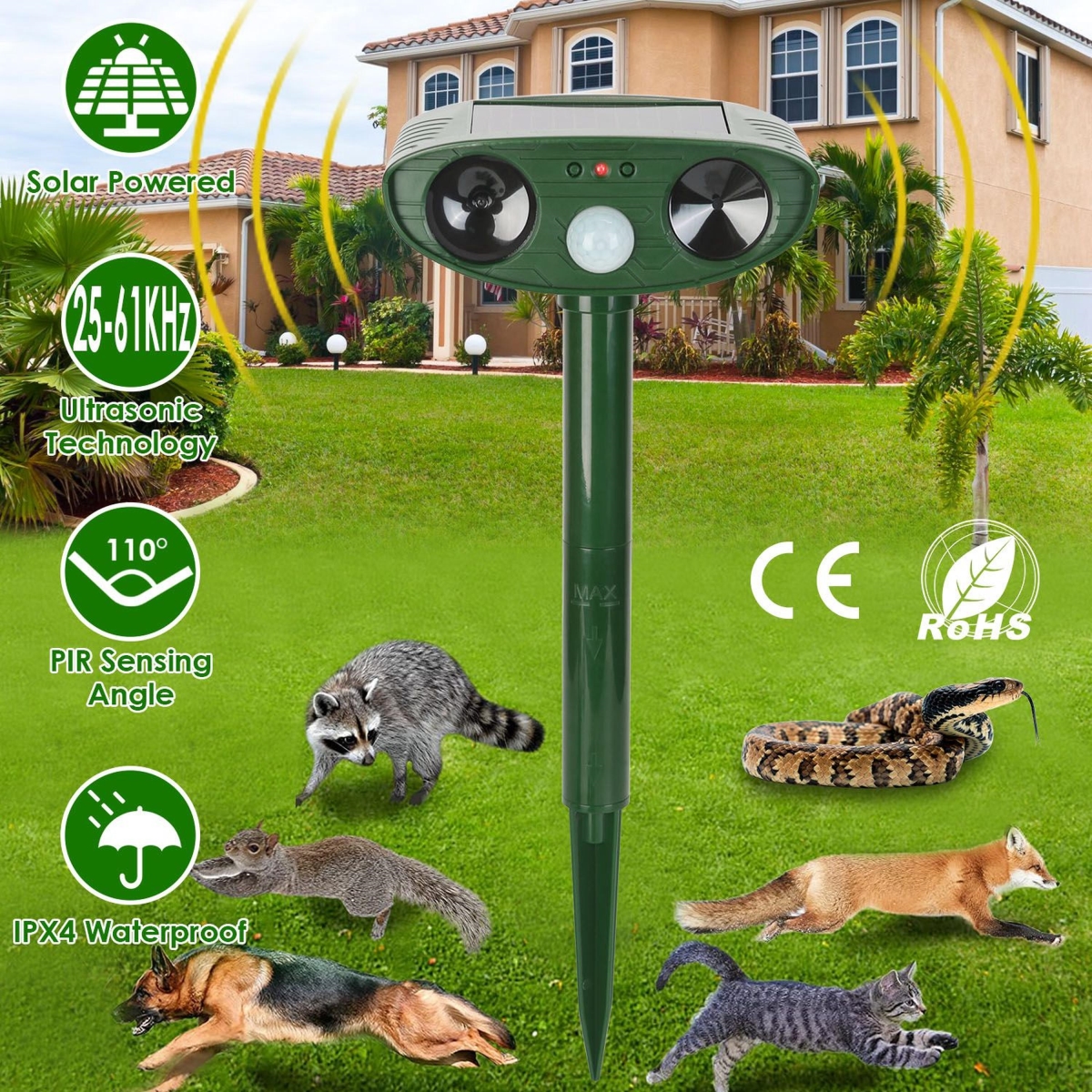 FFF-Standard-GPCT5371 Solar Ultrasonic Animal Repeller, Motion Sensor - IPX4 for Garden Yard - Green - One Size