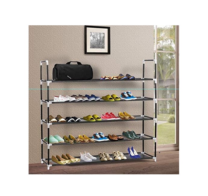 D0102HETGSU Simple Assembly 5-Tiers Non-woven Fabric Shoe Rack with Handle Black RT - Black