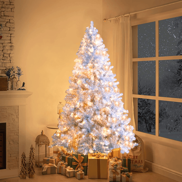 6 ft. Silver Pre-Lit Artificial Christmas Tree, Hinged Full Tree with Metal Stand, 800 Branch Tips, 300 LED Lights & 11 Lighting Modes