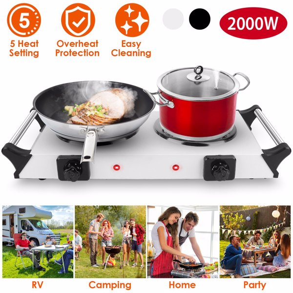 D0102X3S92V 2000W Portable Electric Hot Plate - Double Burner Countertop Stove with 5-Level Temperature Control & Stay-Cool Handles