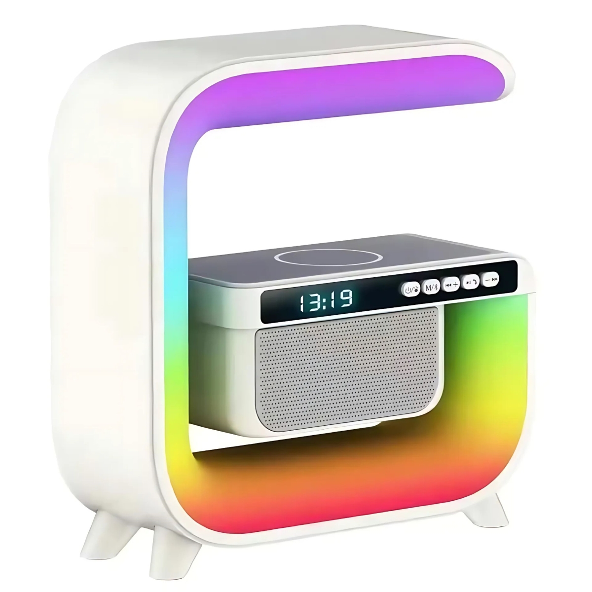 KNR-E-1049-WHT Wireless Bluetooth Speaker Alarm Clock 5W RGB LED Subwoofer with Wireless Charging & Phone Holder - White