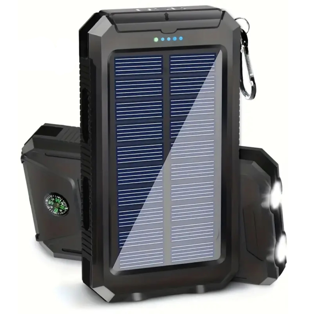 KNR-E-1058-BLK Solar Power Bank 20000mAh Dual USB Portable Charger with LED Flashlight & Compass - Black