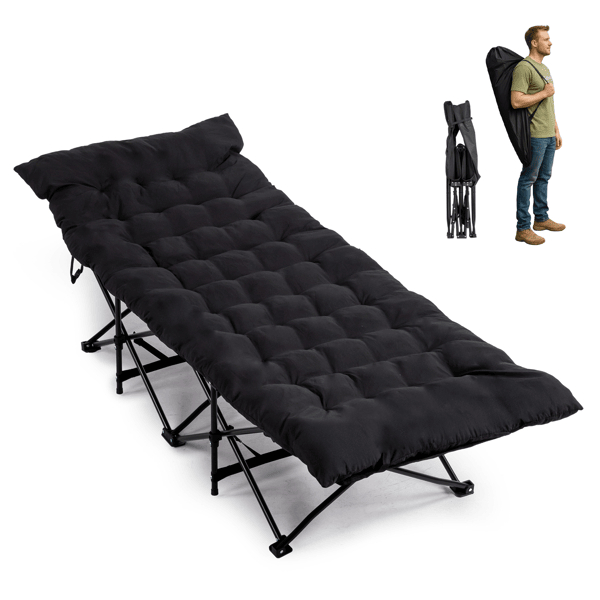 D01027HV4UW Folding Camping Cot Bed with Soft Pad, Portable Outdoor Cot, Adults Sleeping Bed for Home Office Nap Beach Travel - Black