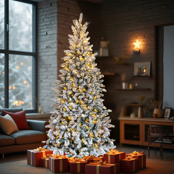D0102X3TPAW 7 ft. Snow Flocked Pre-lit Artificial Pencil Hinged Christmas Pine Tree with 1100 Branch Tips & 400 Lights - Snowy Green