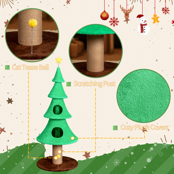 59 in. Large Tall Christmas Tree Cat Tower with 2 Cat Condos & Scratching Post, Soft Fleece Cat Tree with Teaser Toy & Sturdy Base - Green