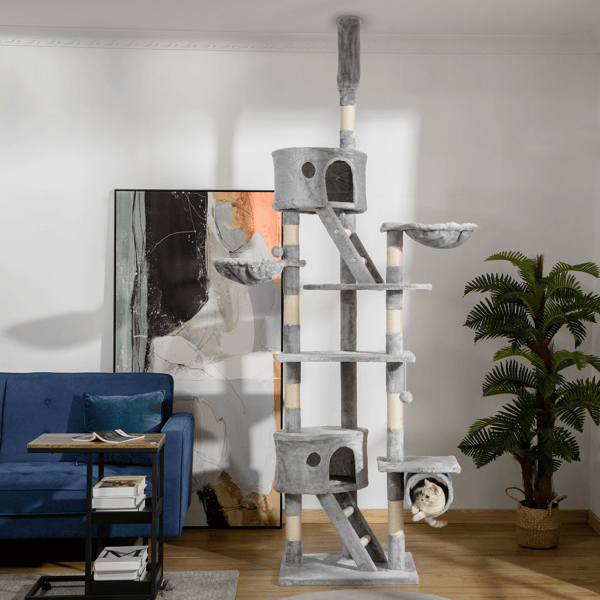 D0102X3WALV Wooden Cat House & Tree Climbing Tower - Light Gray