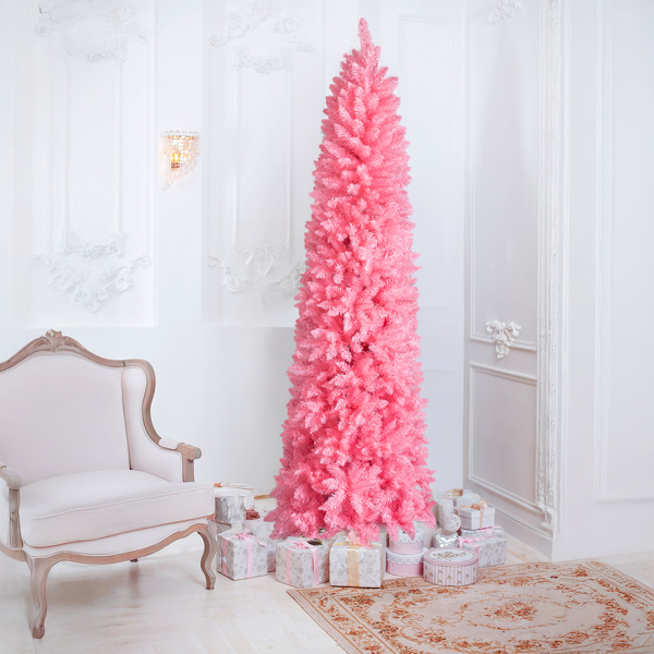 D0102X3WASA 7.5 ft. Hinged Artificial Pencil Unlit Christmas Pine Tree with 1075 Branch Tips & Sturdy Stand - Pink