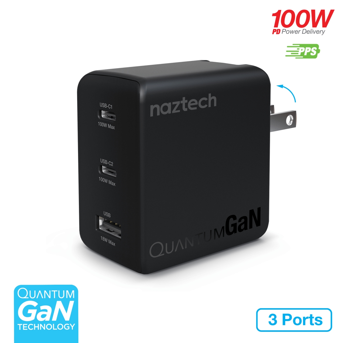 NZT-16118-HYP Nexus T100 100W USB-C PD Plus USB 3-Port GaN Ultra-Fast Wall Charger with PPS - Black