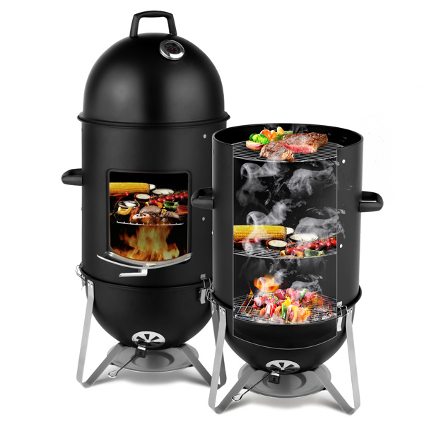 D01027H5NZV Vertical Steel Charcoal Smoker, Heavy Duty Three Layer Round BBQ Grill Smokey Mountain Cooker for Outdoor Cooking - Black