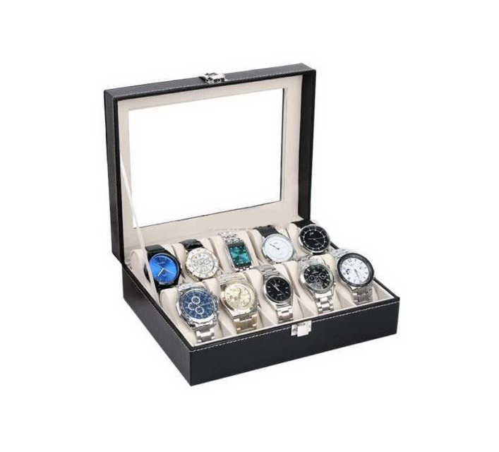 D0102HPDWAW 10-Compartments High-Grade Leather Watch Collection Storage Box - YS Model, Black