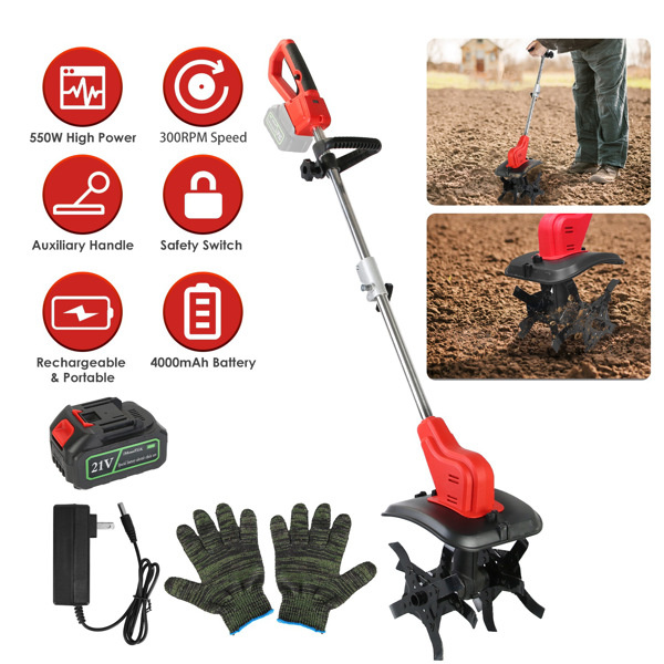 D0102X3Z4CG 21V Cordless Electric Soil Cultivator - 550W High Power Garden Tiller with 300RPM Speed, 4-Blade 16 Steel Tines, 4000mAh Battery