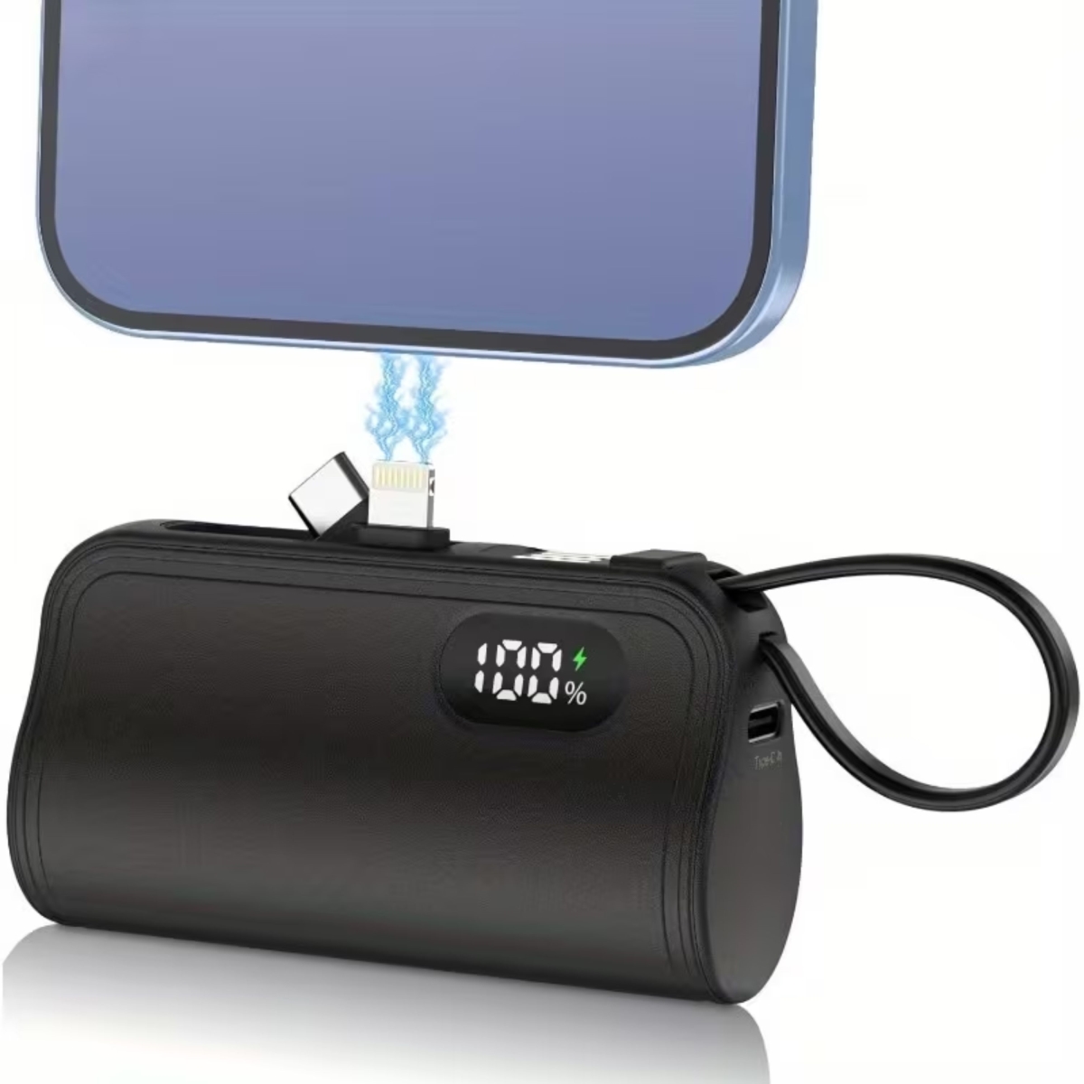 KNR-E-1059-BLK 3-in-1 Mini Power Bank 5000mAh with Built-in USB-C & Lightning, LCD Display, Phone Stand & USB Cable, Black