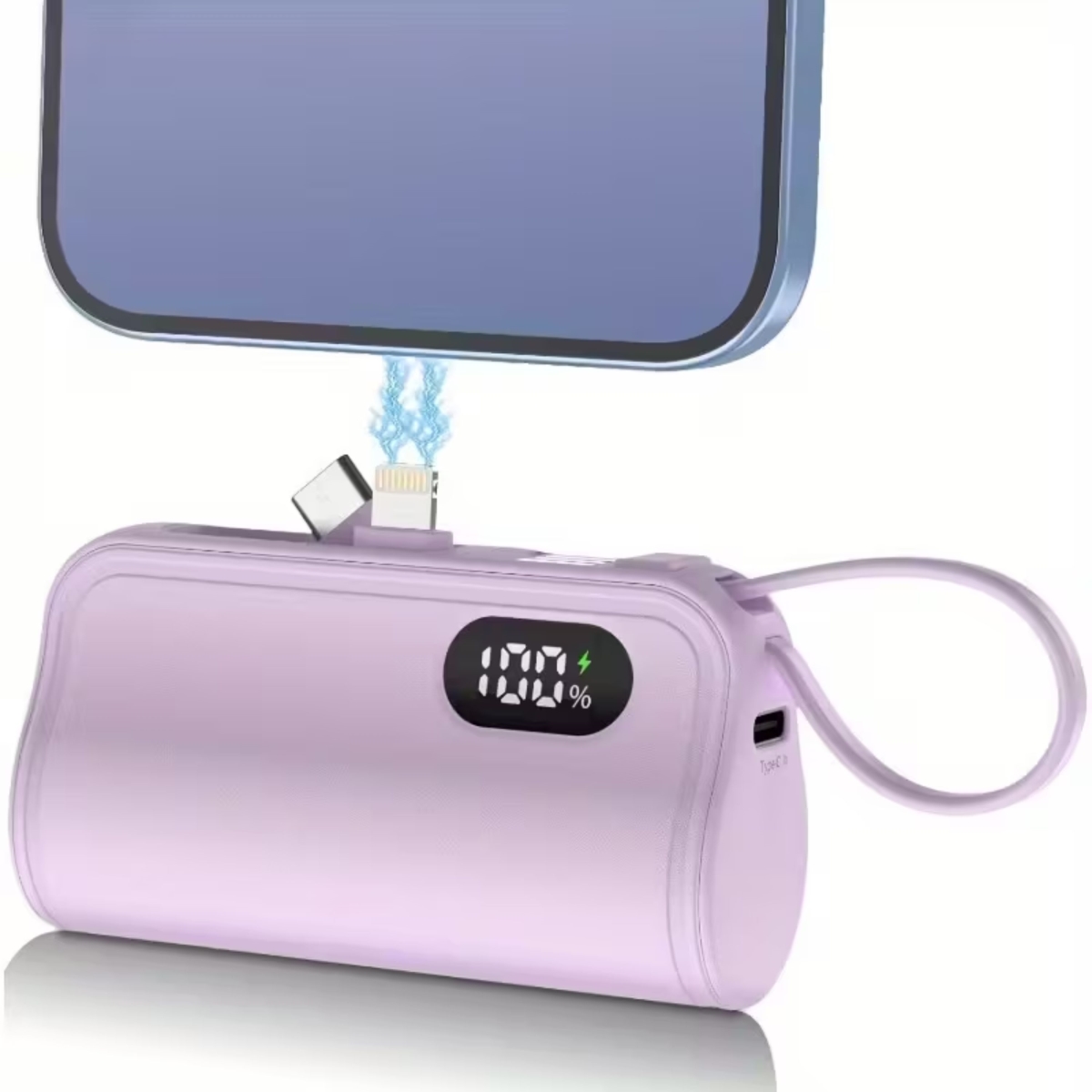 KNR-E-1059-PUR 3-in-1 Mini Power Bank 5000mAh with Built-in USB-C & Lightning, LCD Display, Phone Stand & USB Cable - Purple