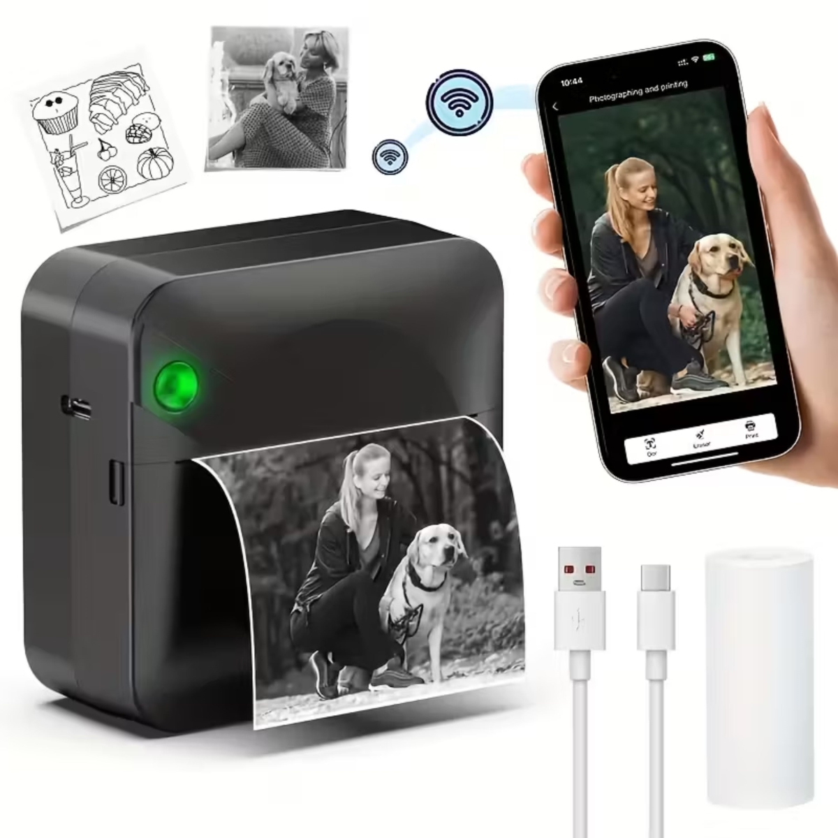 KNR-E-1060-BLK Mini Pocket Thermal Printer Inkless Bluetooth Sticker Printer with Paper Roll for Photos, Notes, Labels & Journals - Black