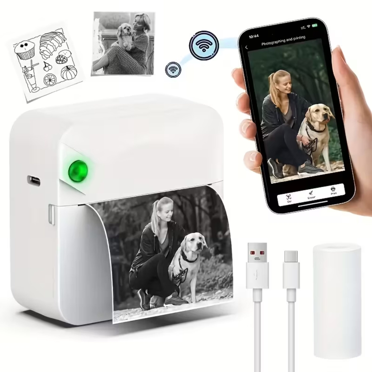 KNR-E-1060-WHT Mini Pocket Thermal Printer Inkless Bluetooth Sticker Printer with Paper Roll for Photos, Notes, Labels & Journals - White