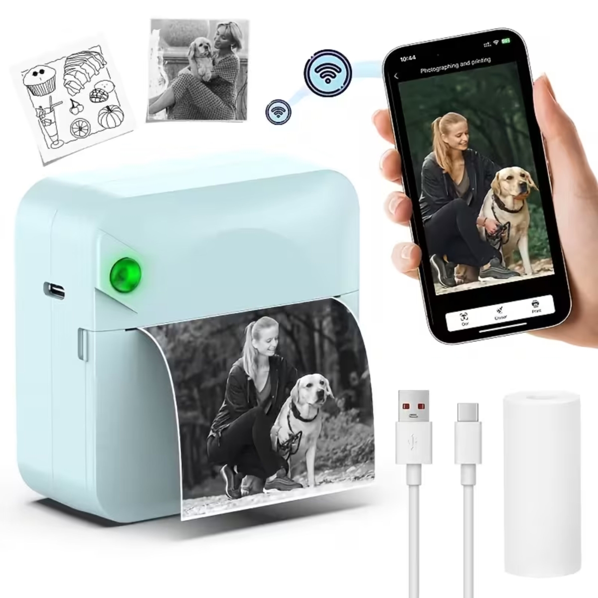KNR-E-1060-BLU Mini Pocket Thermal Printer Inkless Bluetooth Sticker Printer with Paper Roll for Photos, Notes, Labels & Journals - Blue