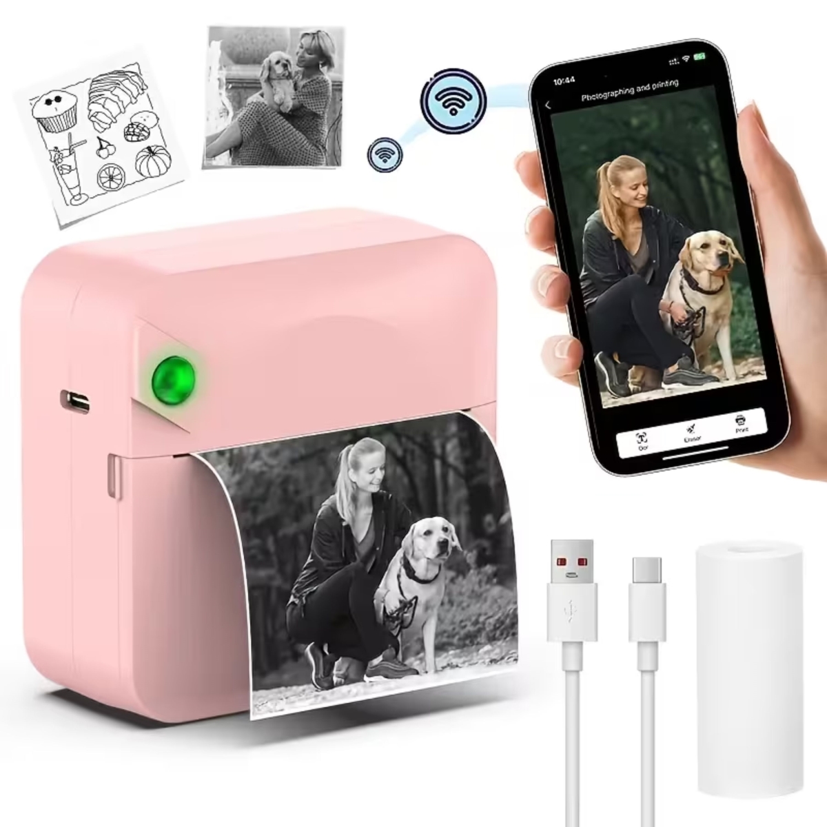 KNR-E-1060-PNK Mini Pocket Thermal Printer Inkless Bluetooth Sticker Printer with Paper Roll for Photos, Notes, Labels & Journals - Pink