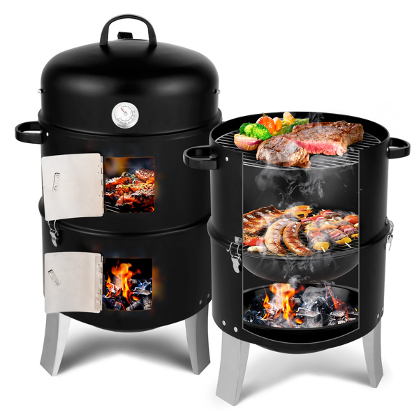 D0102HQ1BSU Vertical Steel Charcoal Smoker, Heavy Duty Double Layer Round BBQ Grill for Outdoor Cooking, Black
