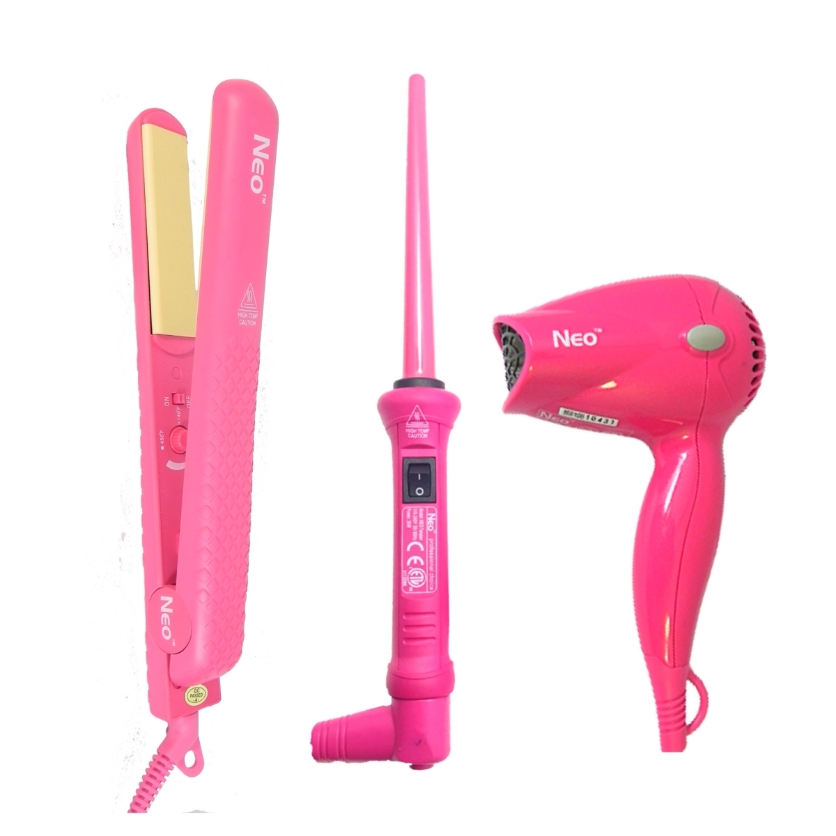 NEOFSDRPK-508 1.25 in. Complete Set - Ceramic Flat Iron with 9-18 mm Curling Wand & Mini Travel Hair Dryer - Pink
