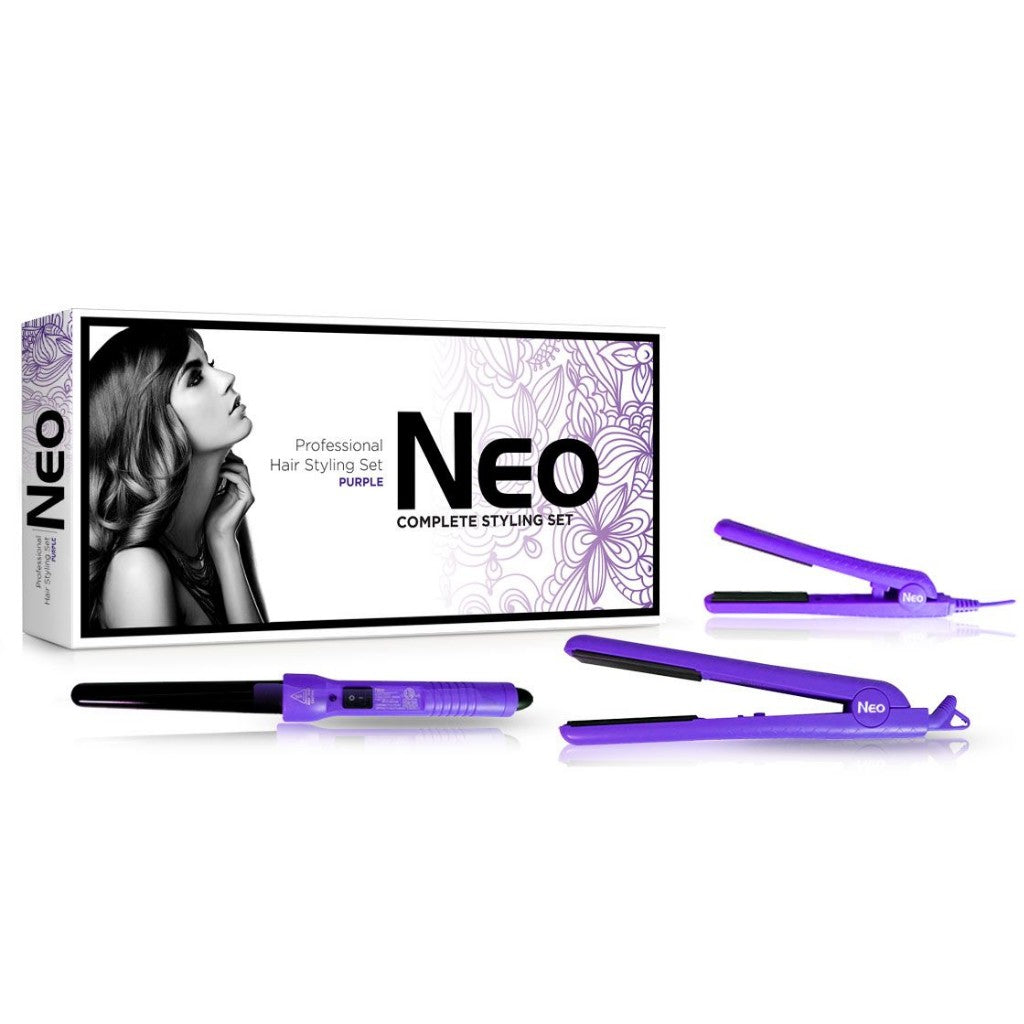 NEOFSPURC-508 1.25 in. The Full Set - Ceramic Flat Iron with 0.5 in. Mini Flat Iron & 25-18mm Ceramic Curling Wand - Metallic Purple