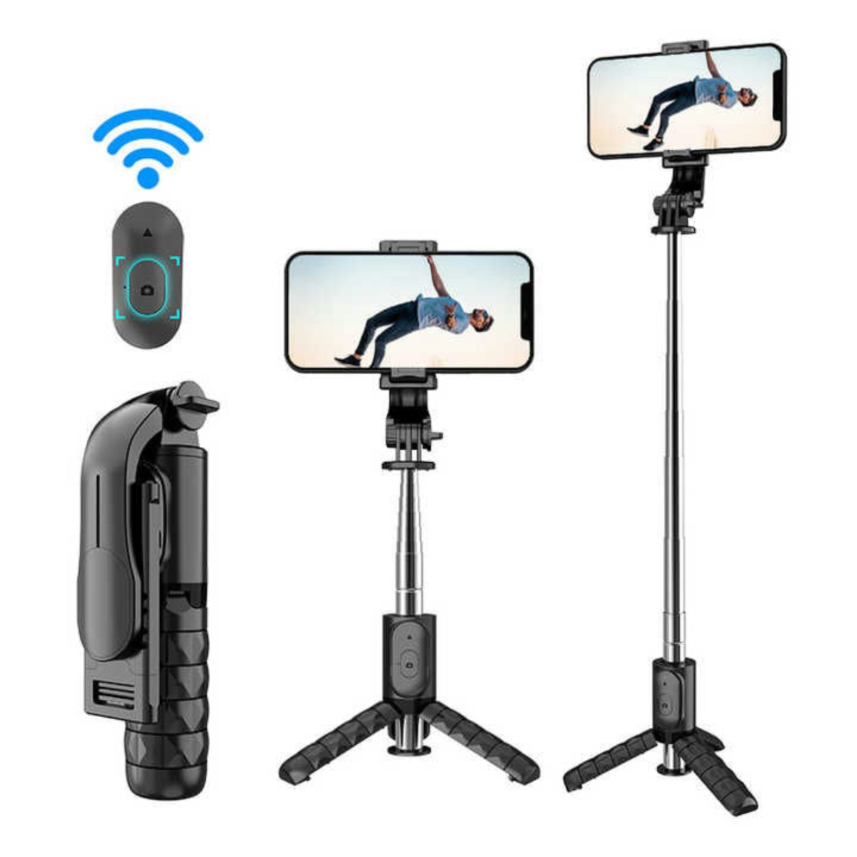 KNR-E-1024-BLK Bluetooth Selfie Stick Tripod Wireless Handheld Stand with LED Light & Remote - Black