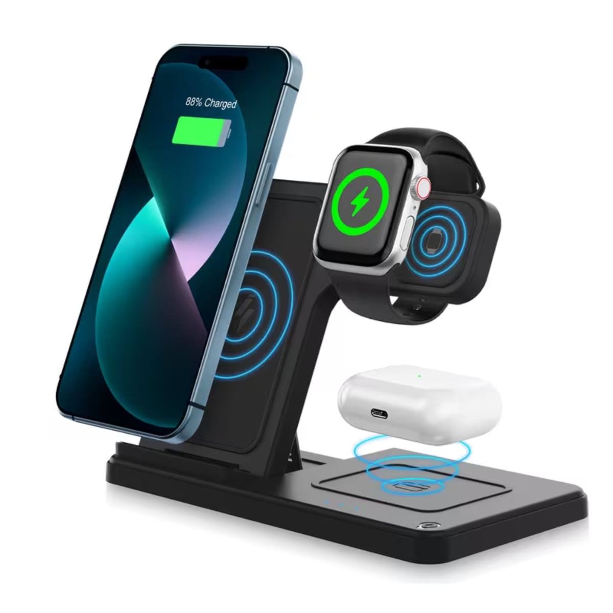 3-in-1 15W Wireless Charging Station for iPhone 178 Series, Apple Watch 10-SE, AirPods Pro 4-3-2 Fast Charger Stand Dock - Black