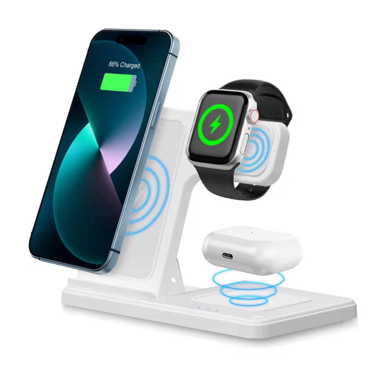 3-in-1 15W Wireless Charging Station for iPhone 178 Series, Apple Watch 10-SE, AirPods Pro 4-3-2 Fast Charger Stand Dock - White
