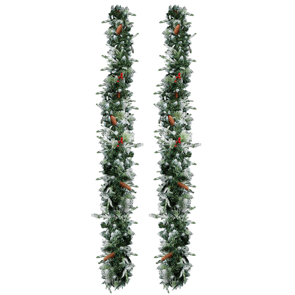 D01027HGVEG 9 ft. Pre-lit Snow Flocked Lighted Artificial Christmas Garland with 200 Warm Lights & 440 Tips & Red Berries - Snowy Green - Pack of 2