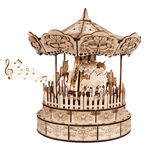 D01027RNPB6 Music Park 3D Wooden Puzzle Carousel Music Box Handmade Assembly Model Kit Holidays Birthdays Christmas Gifts