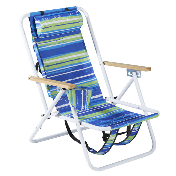 Folding Beach Chair, 4-Position Portable Backpack Foldable Camping Chair with Headrest Cup Holder & Wooden Armrests - Blue & Green Stripes