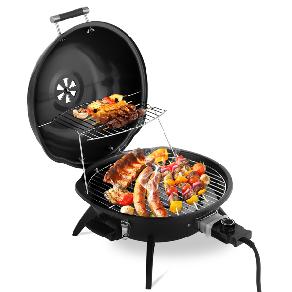 D0102X3A9RV Electric Countertop BBQ Grill - 1600W Portable Double-Layer Indoor & Outdoor Electric Grill, Smokeless Tabletop BBQ Grill - Black