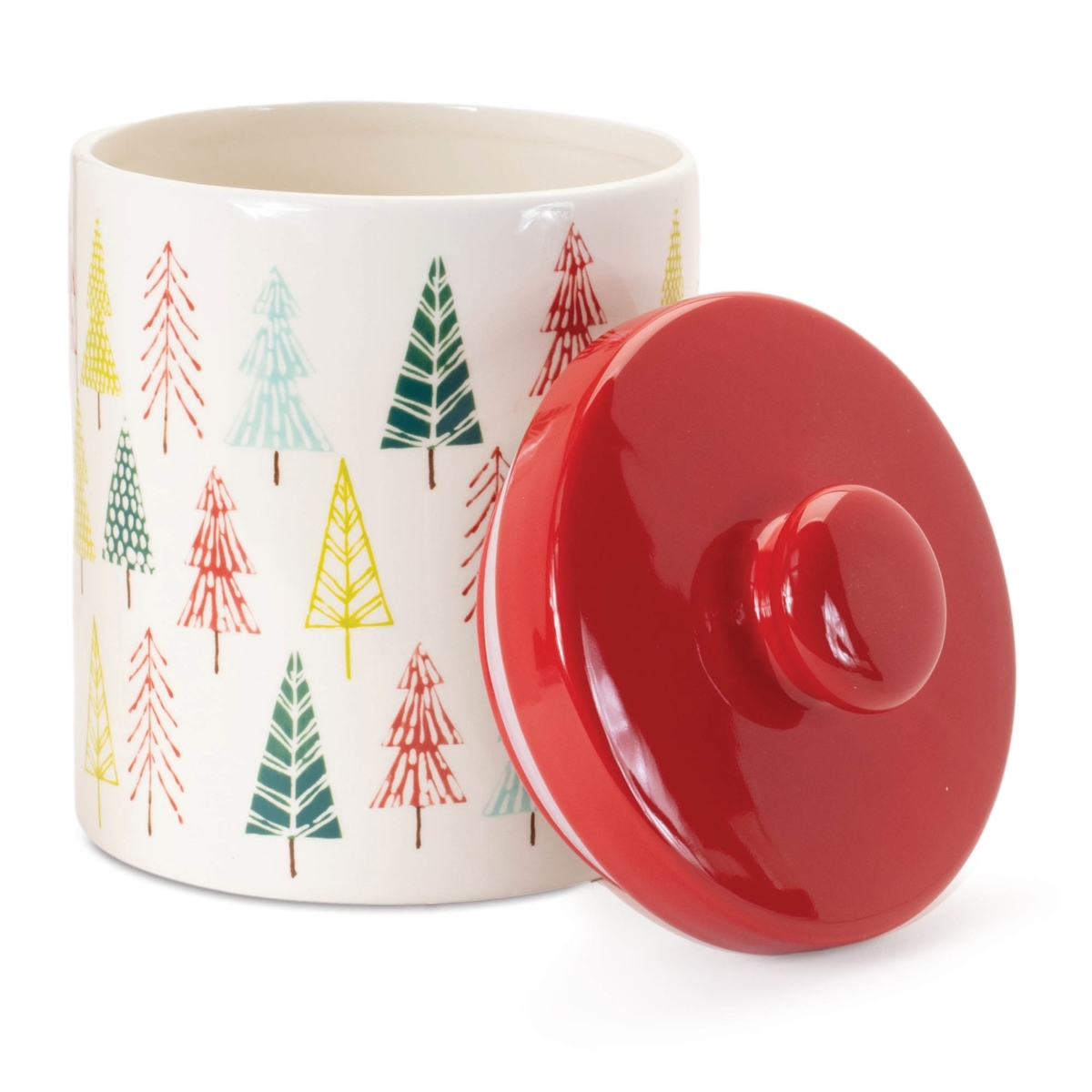 95497DS Ceramic Pine Tree Print Cookie Jar, 10 in. H - White, Red & Green