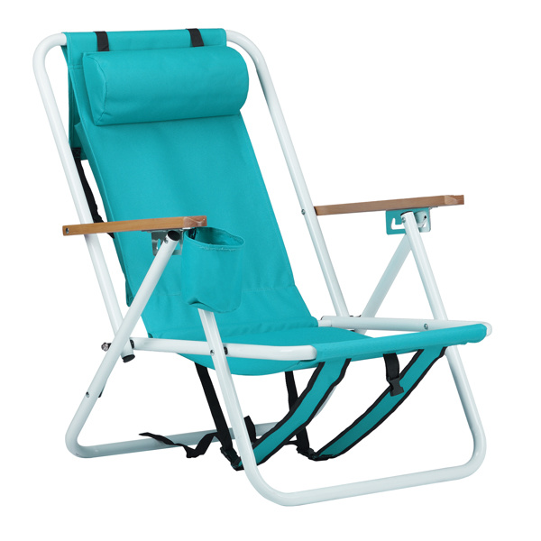 D0102HQRR8A Folding Beach Chair, 4 Position Portable Backpack Foldable Camping Chair with Headrest Cup Holder & Wooden Armrests - Green