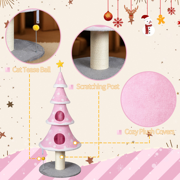 59 in. Large Tall Christmas Tree Cat Tower with 2 Cat Condos & Scratching Post, Soft Fleece Cat Tree with Teaser Toy & Sturdy Base - Pink
