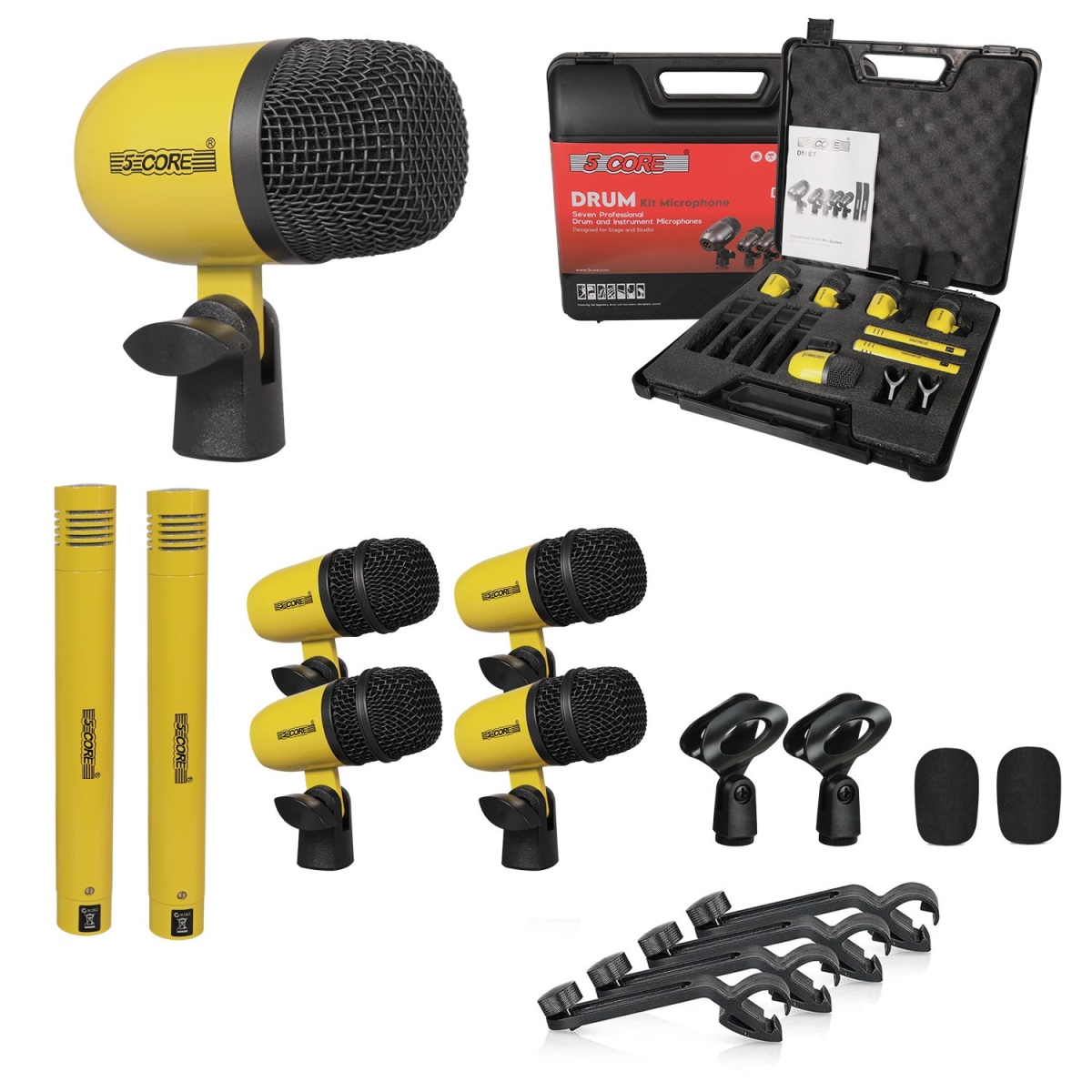 D01027RZNJ2 7 Piece Drum Microphone Kit with All Metal Drummer Mics Tom & Snare & Cymbals Wired Instrument Drums Set - Yellow