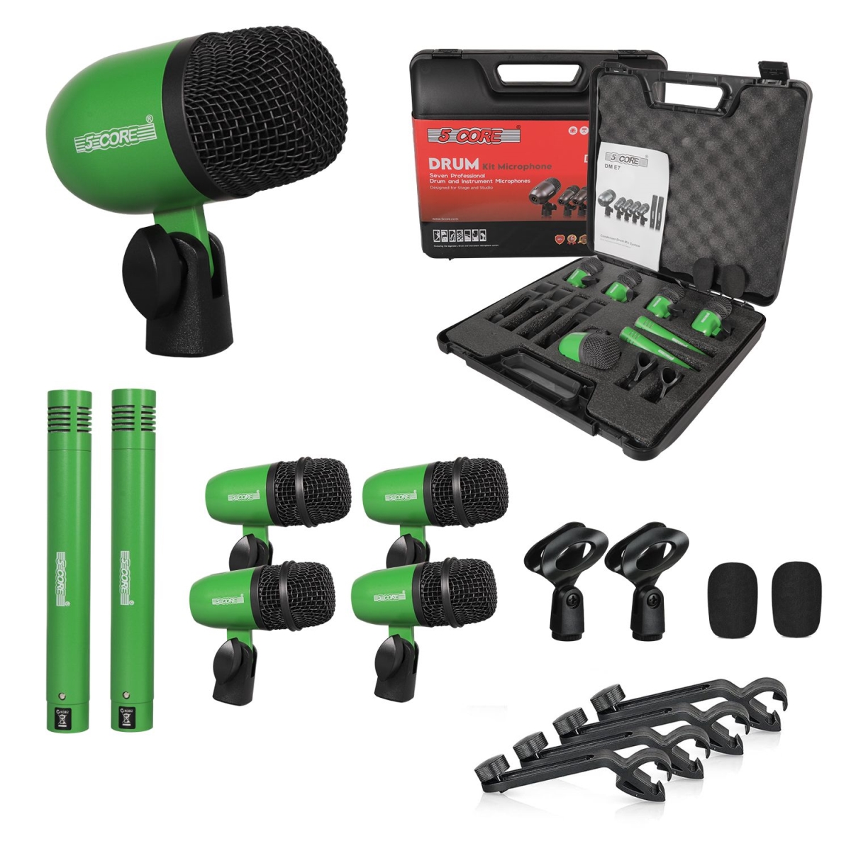D01027RZN08 7 Piece Drum Microphone Kit with All Metal Drummer Mics Tom & Snare & Cymbals Wired Instrument Drums Set - Green