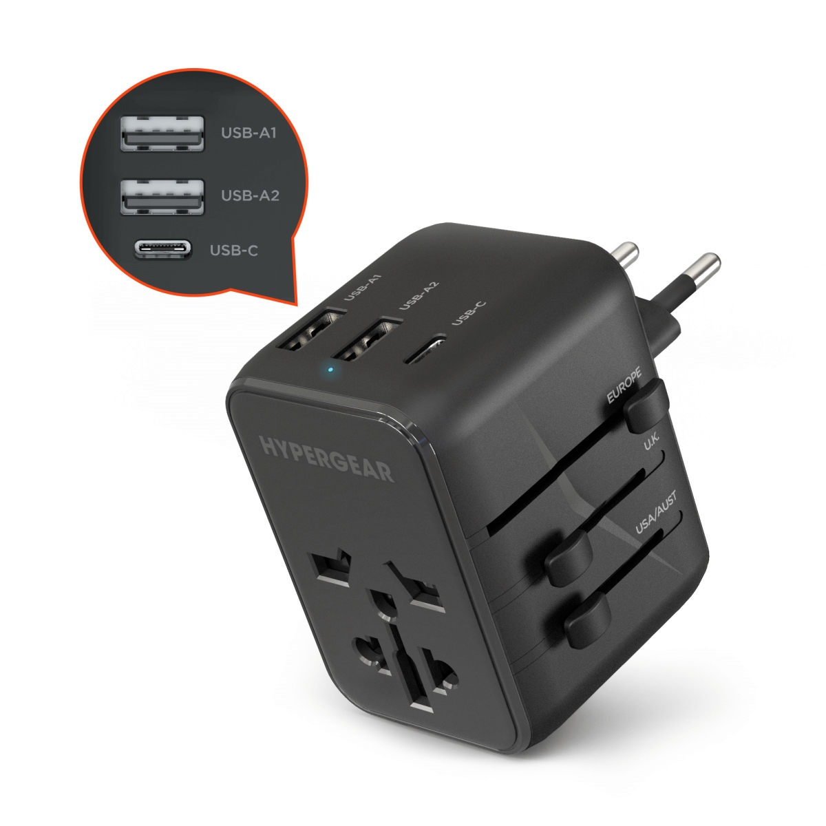 HPG-15822-HYP Black World Charge Universal Travel Adapter with USB-C