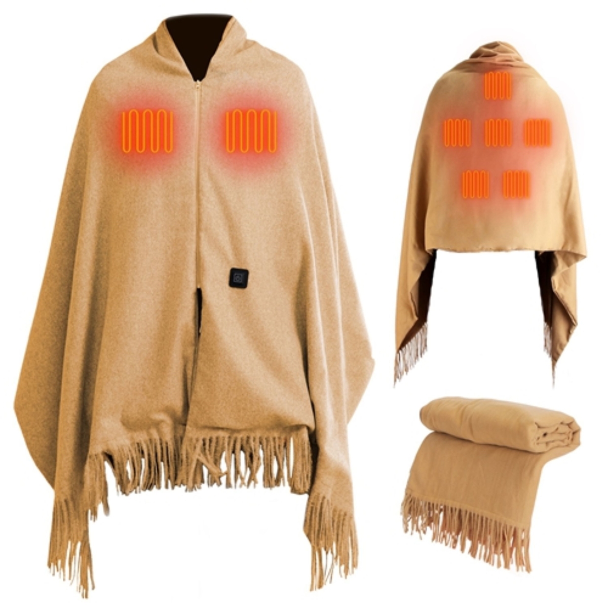 FFF-Tassel-Camel-GPCT5534 77 x 24 in. USB Heated Shawl with Teasel Wearable Heating Blanket Electric Throw Wrap Indoor & Outdoor - Camel