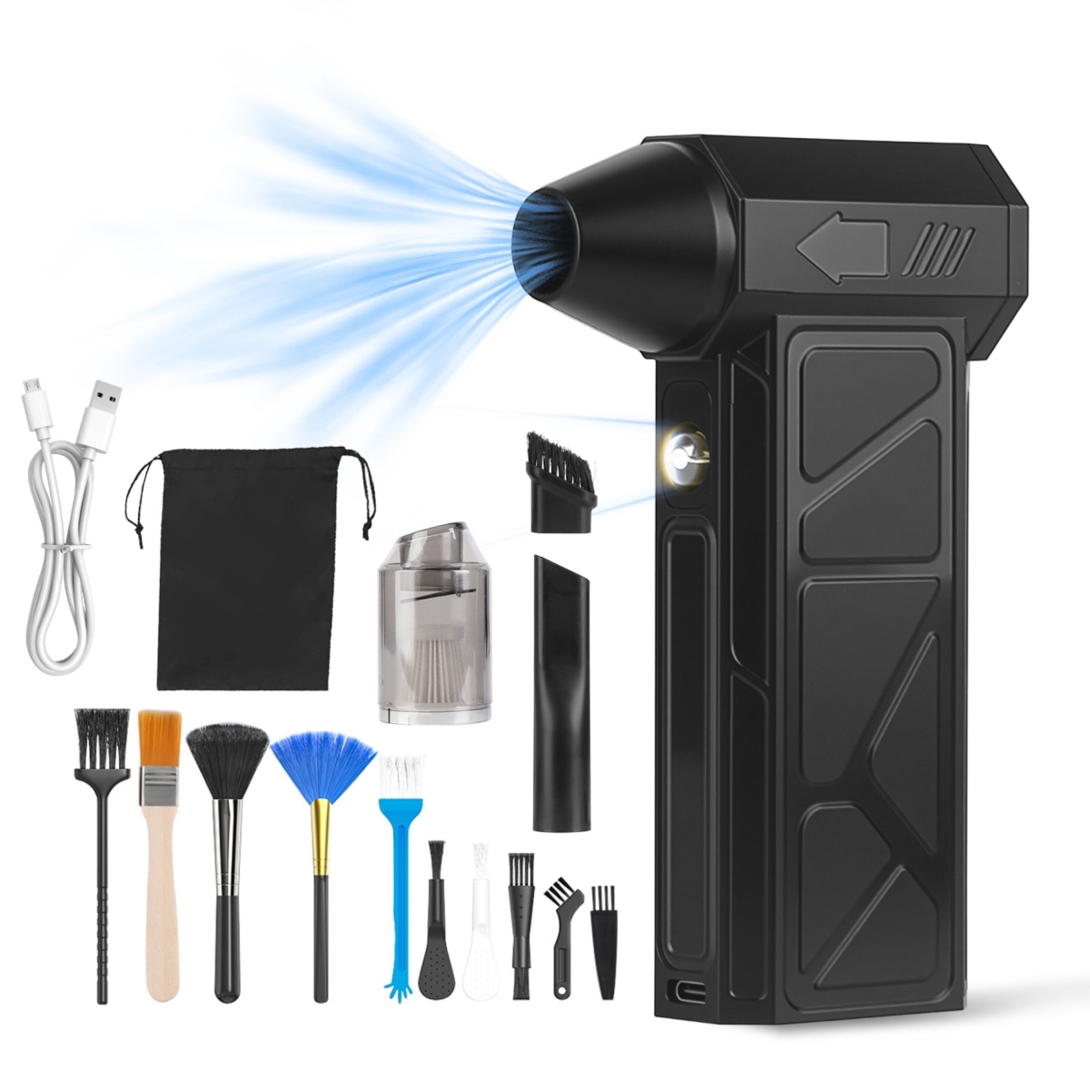 FFF-Pro-GPCT5104 Compressed Air Duster with LED Light Vacuum Cleaner Max 160000RPM Speed for PC Keyboard - Black