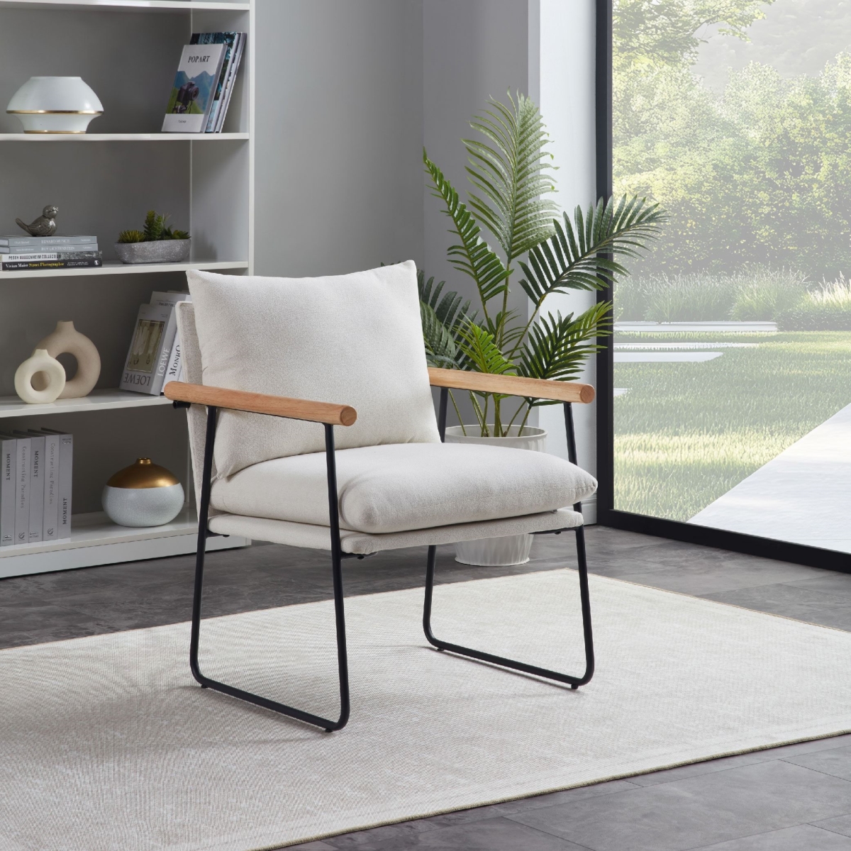 Modern Accent Chair, Comfy Chair with Removable Cushion, Vanity Chair with Wood Armrests for Living Room, Bedroom, Milk White