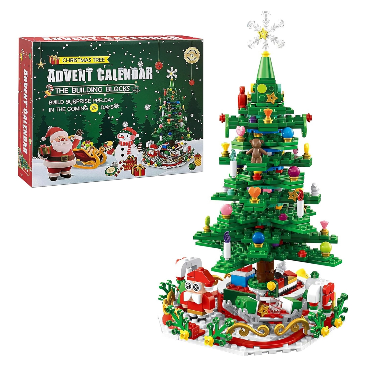 FFF-GPCT5522 2025 Christmas Tree Building Set with LED Light Tabletop Christmas Building Block 24 Days Christmas Countdown Calendar - Multi Color