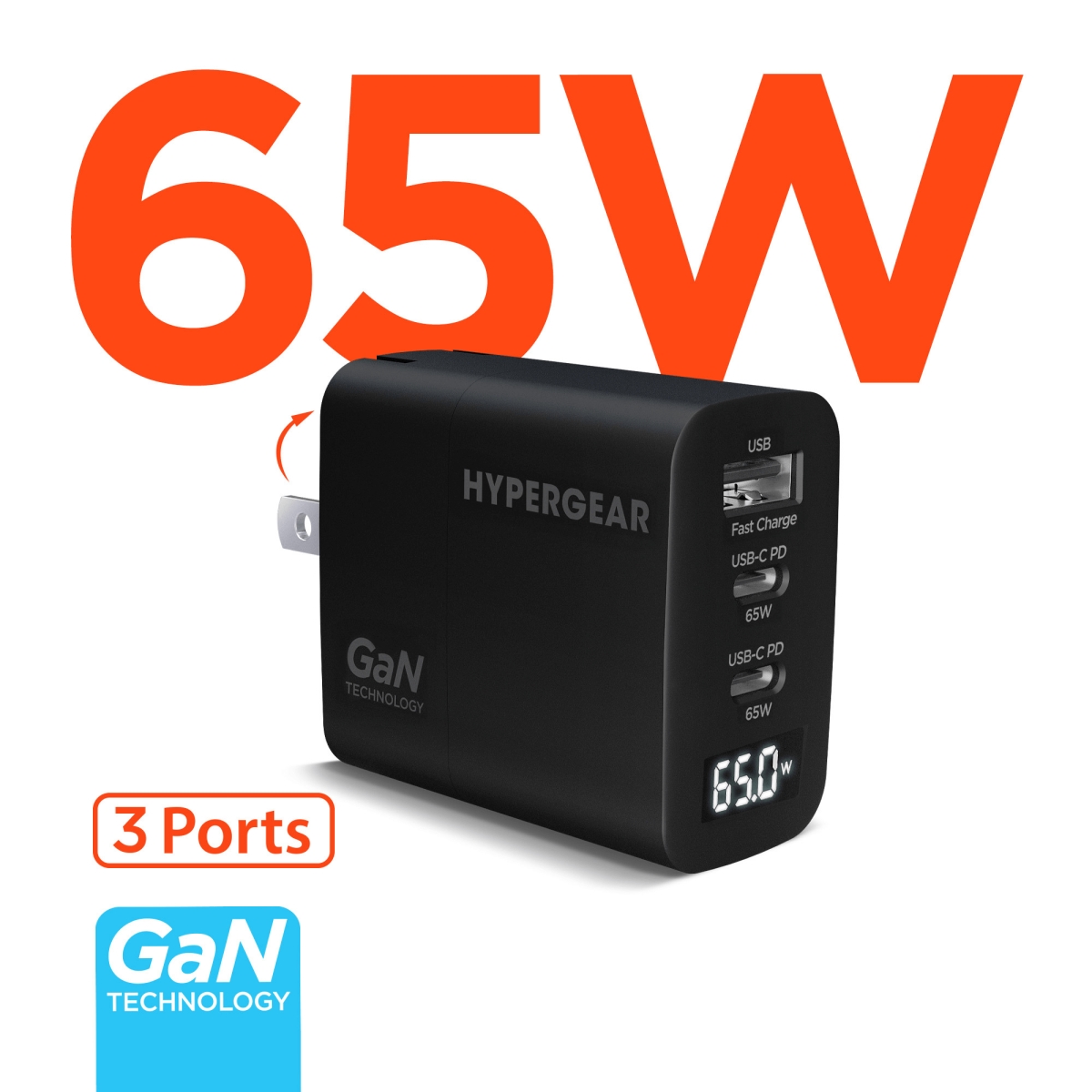HPG-16299-HYP Speed Boost 65W USB-C PD Tri-Port GaN Laptop Charger with PPS & Digital Display - Black