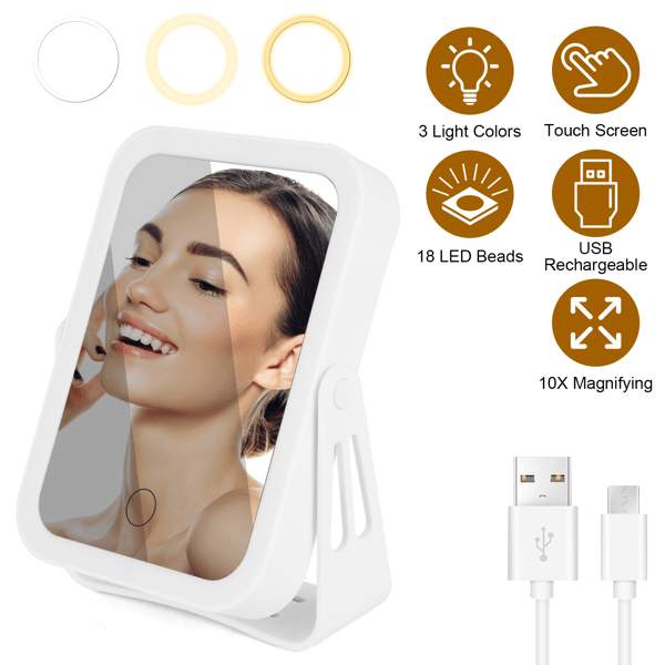 10X Magnifying LED Travel Makeup, 3-Light Modes Double-Sided Mirror with Smart Touch Sensor, USB Rechargeable for Valentines Day Gift