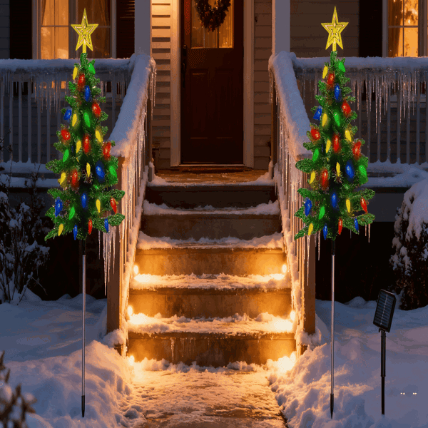 D01027RTHE2 37.4 in. Solar Christmas Tree Lights - 100 LED 4 Colors 8 Modes, IP44 Waterproof Outdoor Pathway Decor with Ornaments - Pack of 2