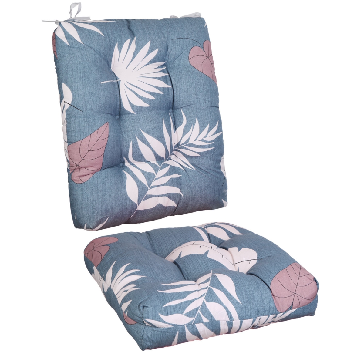 FFF-Blue-GreyLeaf-Pro-GPCT5132 2 Piece Waterproof Rocking Chair Cushion Upper & Lower Back & Seat Sets with Non-Slip Ties, Blue & Gray Leaf