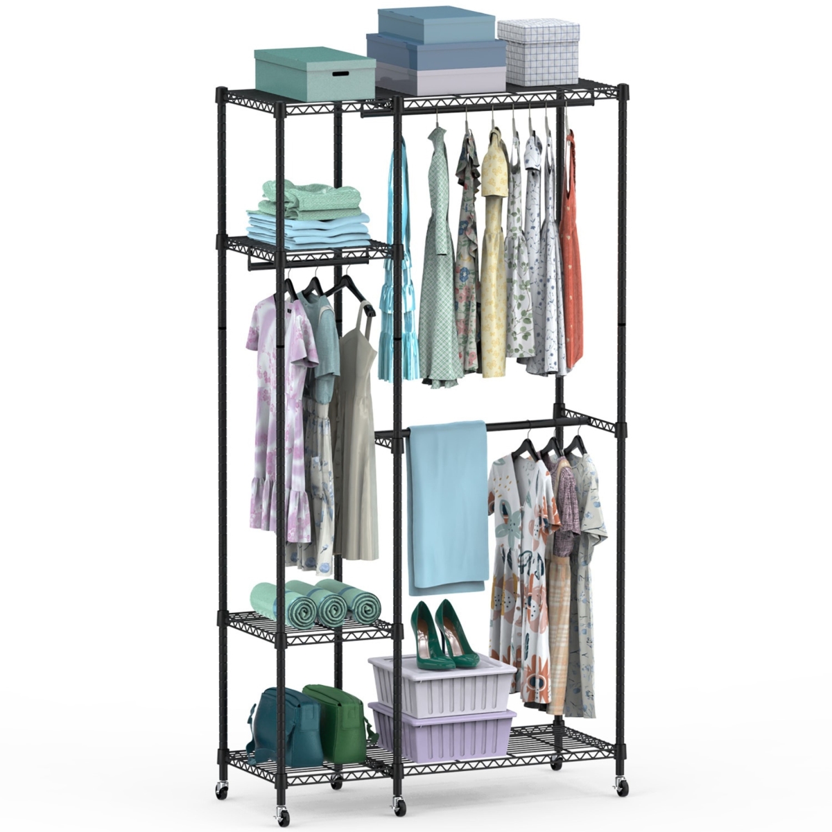 FFF-GPCT5475 44.9 x 17.13 x 77.95 in. 4-Tier Heavy Duty Garment Rack with Wheels Carbon Steel Clothing Rack Portable Wardrobe Clothes Rack, Black