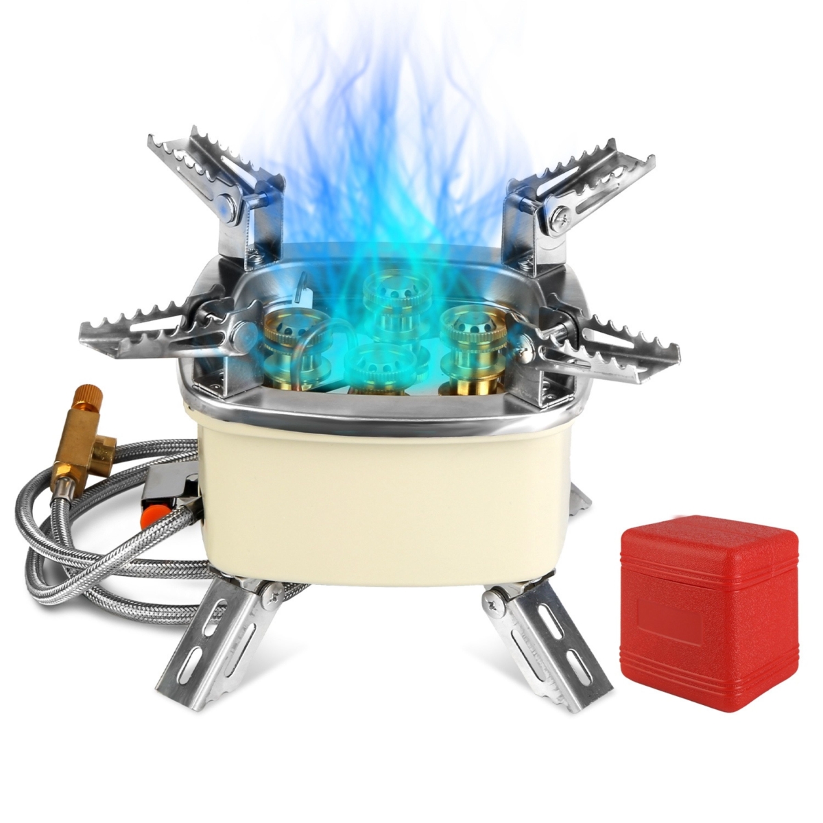 FFF-GPCT5414 13000W Portable Windproof Camping Stove Five-head Gas Cooking Burner with Piezo Ignition Stepless Flame Control - Cream