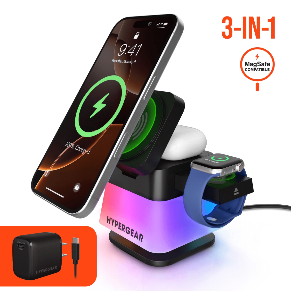 HPG-16356-HYP Power Fold Cube RGB 3-in-1 Wireless Charging Stand - Black