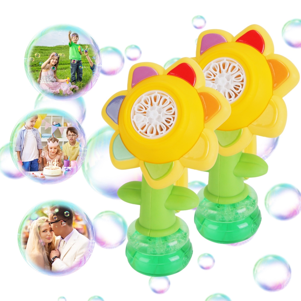 2 Piece Bubble Machines with Lights for Kids Rechargeable Dancing Sunflower Bubble Maker for 4-8 Years Old Toddlers Outdoor Summer - Multi Color