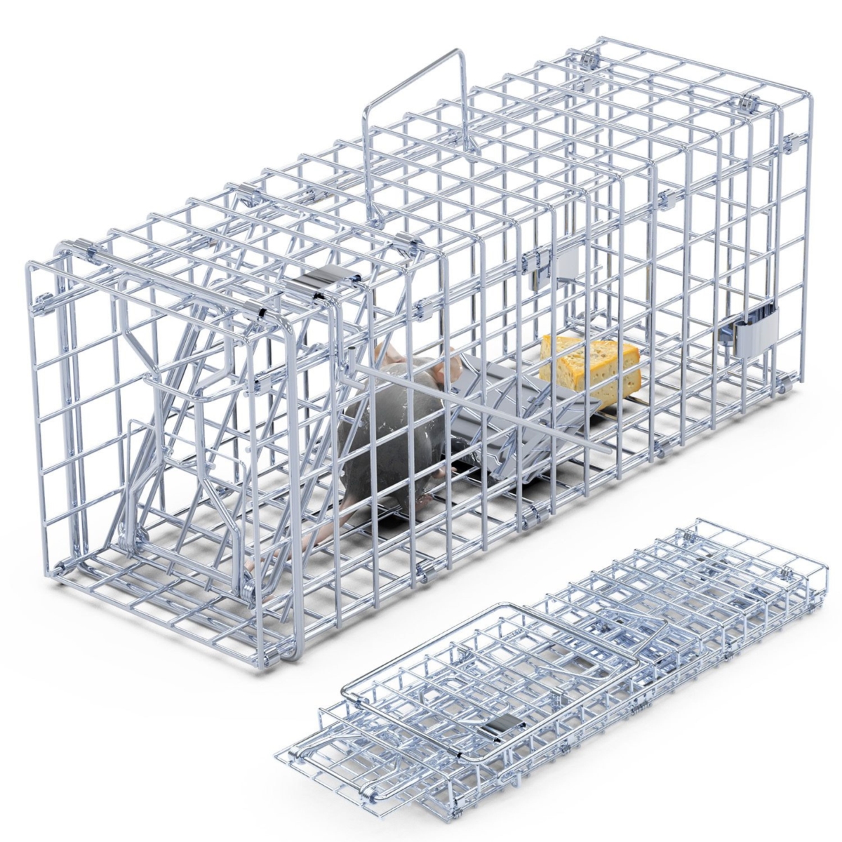 FFF-GPCT5459 2 Piece Foldable Rat Trap Cage Humane Live Rodent Trap Cage Galvanized Iron Mice Mouse Control Bait Catch - Silver